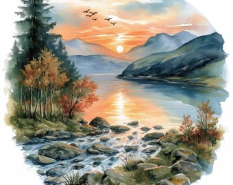 Lot de 10 cliparts nature paysages, clipart forêt aquarelle imprimable, fichiers JPG de haute qualité, créations en papier, téléchargement numérique, journaux indésirables