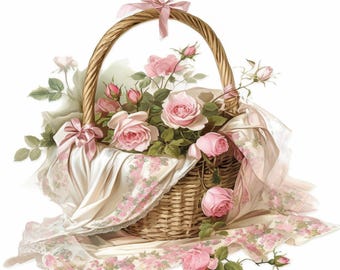 14 Roses in Basket Clipart Bundle, Spring Roses Illustrations, Printable Watercolor Clipart, High Quality JPG, Paper craft, Junk Journals