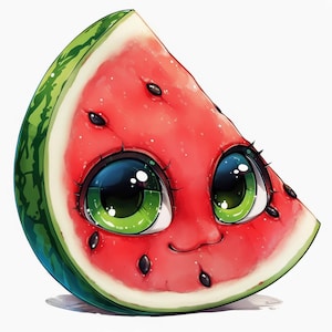 Lot de 16 cliparts pastèque mignon, illustration de pastèque kawaii, clipart aquarelle imprimable, JPG de haute qualité, créations en papier, journal indésirable