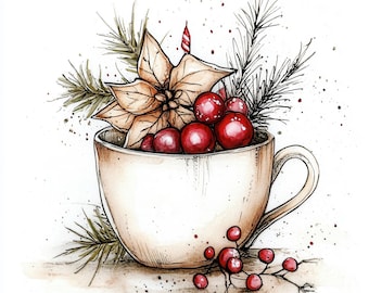 14 Christmas Teacups Clipart Bundle, Festive Tea Illustrations, Printable Watercolor Clipart, High Quality JPG, Paper craft, Junk Journals