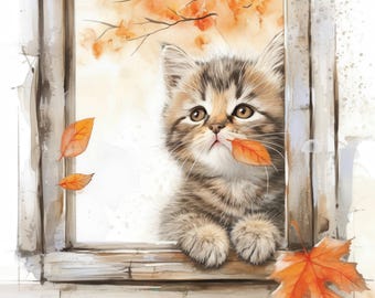 14 Autumn Cat Clipart Bundle, Fall Kitten Illustration, Printable Watercolor clipart, High Quality, Paper craft, journal, Digital download