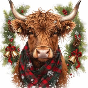 12 Christmas Highland Cows Clipart Bundle, Xmas Illustrations, Printable Watercolor Clipart, High Quality JPG, Paper craft, Junk Journals