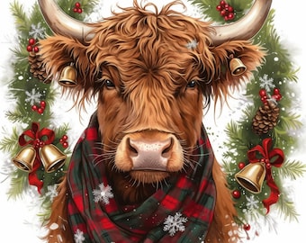 12 Christmas Highland Cows Clipart Bundle, Xmas Illustrations, Printable Watercolor Clipart, High Quality JPG, Paper craft, Junk Journals