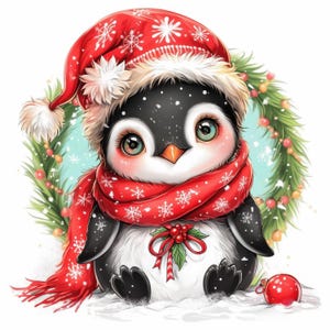 Paquete de 12 imágenes prediseñadas de pingüinos de invierno, ilustración navideña en acuarela imprimible, JPG de alta calidad, manualidades de papel, diario basura, para hacer tarjetas