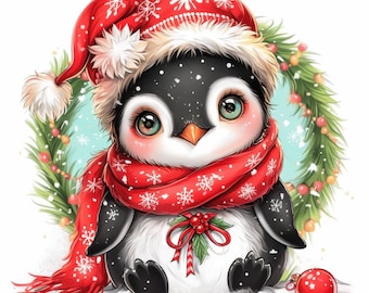 12 Winter Penguin Clipart Bundle, Printable Watercolor Christmas Illustration, High Quality JPG, Paper crafts, Junk Journal, for Card Making
