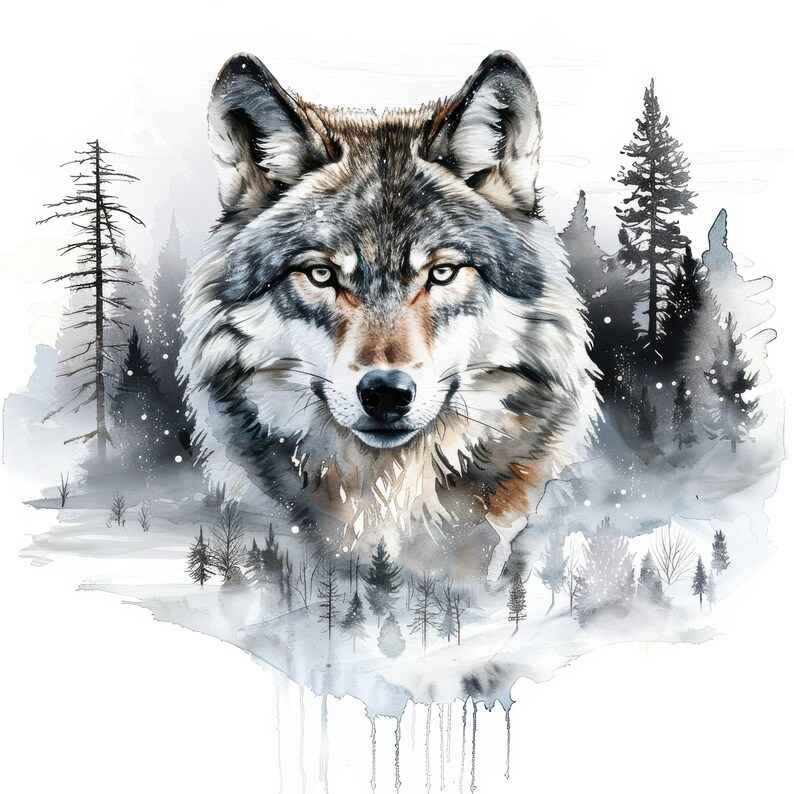14 Wolf Portrait and Forest Clipart Bundle, Watercolor Wolf Image, Wolf Head Clipart, Scrapbook, Wolf Pack, Wolf In Forest, Forest And Wolf