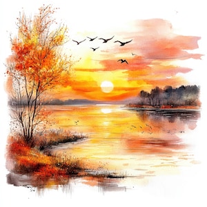 Puede incluir: Una pintura de acuarela de una puesta de sol sobre un lago con un árbol solitario en el lado izquierdo de la imagen. El cielo es de un naranja y amarillo vibrantes, con algunas aves volando por encima. El lago es una superficie tranquila y reflectante, reflejando los colores del cielo.