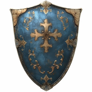 May include: A medieval shield with a blue surface and gold detailing. The shield has a gold cross at its centre and gold floral patterns. The edges are trimmed with gold and silver metal.