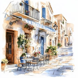 Lot de 10 cliparts café grec, illustrations de paysages grecs, clipart aquarelle imprimable, JPG haute qualité, créations en papier, journaux indésirables