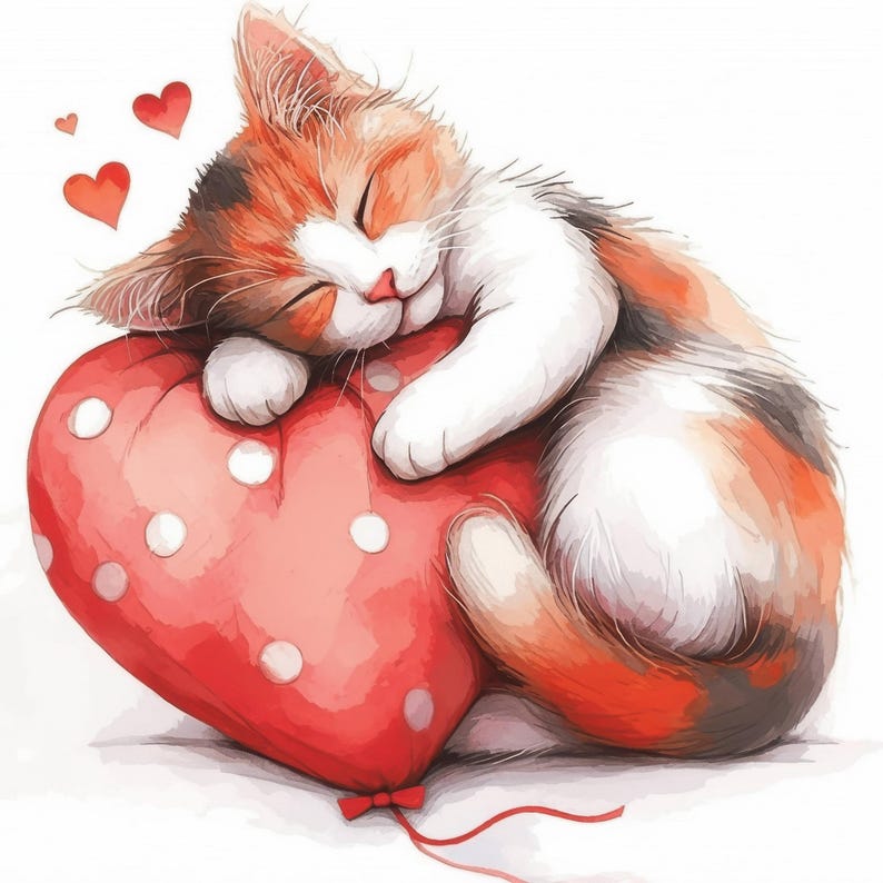 11 Heartshaped Pillow and Cat Clipart Bundle, Cute Illustrations, Printable Watercolor Clipart, High Quality JPG, Paper craft, Junk Journals