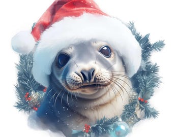 16 Baby Seal Christmas Hat Clipart, Festive Animal Graphics, Printable Watercolor Clipart, High Quality JPG, Digital Download Commercial Use
