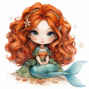 8 Ginger Mermaids Clipart Bundle, Printable Watercolor Cute Mermaid Girl Images Illustrations, High Quality JPGs, Junk Journals, Paper Craft