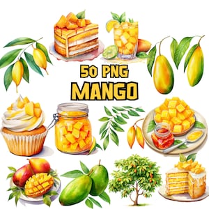 Aquarell Mango Clipart-Bundle, Gemalt Mango Clipart-Set, Reife Mango, Grüne Mango Illustrationen | Mangobaum PNG Grafiken, kommerzielle Nutzung