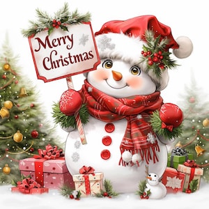 13 Joyeux Noël bonhomme de neige imprimable aquarelle Clipart, illustrations de cartes de nouvel an, haute qualité JPG, téléchargement numérique, créations en papier
