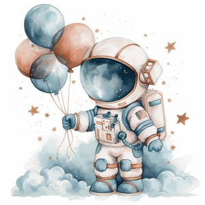 Bundle de cliparts astronaute avec ballons, clipart anniversaire, JPG haute qualité, image aquarelle imprimable, graphique numérique, fabrication de cartes