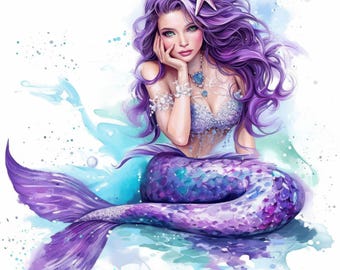 9 verzauberte Fantasy Meerjungfrau Clipart, druckbare Aquarell Clipart, Fantasy Drucke hohe Qualität JPG digitaler Download Papier Handwerk Junk Journal