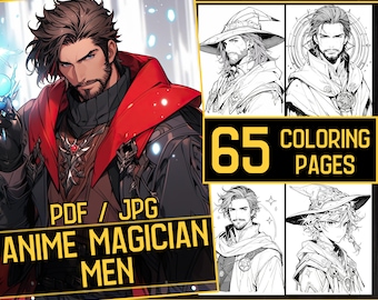 May include: A digital colouring book featuring 65 pages of anime magician men. The cover image shows a man with brown hair and a beard wearing a red cloak and black clothing. The text "PDF / JPG ANIME MAGICIAN MEN" is visible on the cover.