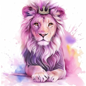 Lot de 16 cliparts majestueux, lion aquarelle imprimable avec illustrations d'images de la couronne, JPG de haute qualité, journal indésirable, créations en papier