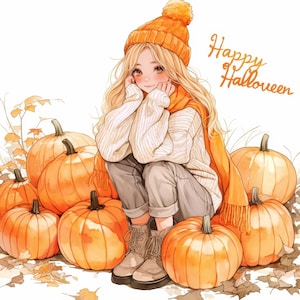 10 Herbst Kollektion Clipart Bundle, Cartoon Mädchen Illustrationen, druckbare Aquarell Clipart, hochwertige JPG, Papiermodelle, Junk Journals