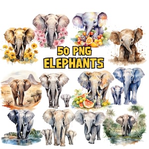 Paquete de imágenes prediseñadas de elefantes en acuarela, ilustraciones de elefantes pintados, imágenes de animales lindos, gráficos PNG de elefantes bebés, uso comercial