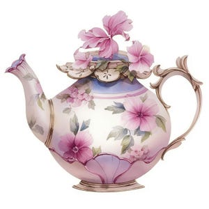Könnte beinhalten: Aquarell-Illustration einer dekorativen Teekanne. Die Teekanne ist weiß mit rosa Blumenmustern und einem blauen Band am oberen Rand. Rosa Blüten zieren den Deckel. Henkel und Ausguss weisen verzierte Details auf.
