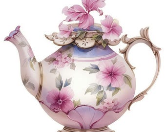 25 Vintage Floral Teapot Clipart Set, Porcelain Graphics, Printable Watercolor Cliparts, High Quality JPGs, Digital Download, Commercial Use