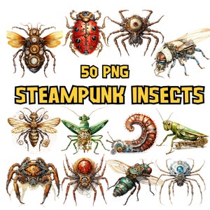Watercolor Steampunk Insects Clipart Bundle, Bug Illustrations, Ladybug Clipart Set, Bee PNG Graphics, Spider PNG Images, Commercial Use