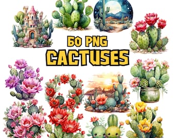 水彩サボテンのクリップアート | サボテン、多肉植物、ワイルドウェスト、メキシコの花、砂漠のサボテンのイラスト | 商用利用のための即時ダウンロード