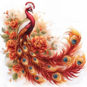 Lot de 11 cliparts mignons paons rouges, illustrations d'art paon, clipart aquarelle imprimable, JPG haute qualité, créations en papier, journaux indésirables