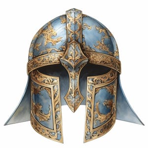 May include: A detailed illustration of a medieval helmet. The helmet is primarily light blue with intricate gold-colored filigree and decorative elements. The design includes a central crest and side flaps.