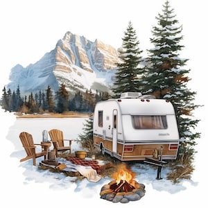 Lot de 16 cliparts remorque de camping dans la forêt, illustrations de camp, clipart aquarelle imprimable, JPG haute qualité, créations en papier, journaux indésirables