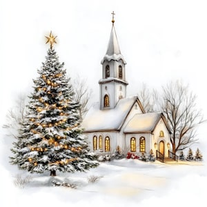 Lot de 11 cliparts église de Noël, illustrations festives d'église, clipart aquarelle imprimable, JPG haute qualité, créations en papier, journaux indésirables