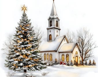 20 クリスマス教会クリップアート | 冬の教会のイラスト | 印刷可能な