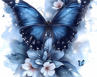 May include: A blue morpho butterfly with black markings is perched on a cluster of white flowers with blue petals. The butterfly's wings are spread wide, and the flowers are surrounded by a watercolor-like background.