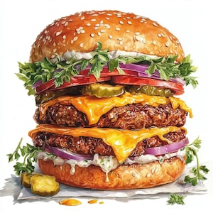 Może przedstawiać: Akwarelowa ilustracja podwójnego cheeseburgera z bułką sezamową. Burger zawiera dwa kotlety, roztopiony ser, czerwoną cebulę, plasterki pomidorów, ogórki, sałatę i kremowy sos. Ozdobiony pietruszką.