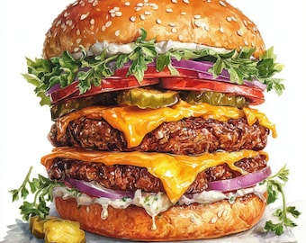 Ensemble de 13 cliparts hamburgers savoureux, cliparts aquarelle imprimable Fast Food, fichiers JPG de haute qualité, téléchargement numérique, usage commercial, journaux indésirables