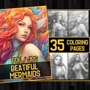 Beatiful Mermaid Girls 35 Coloring Page Book, for Adults and kids, Grayscale Coloring Pages, Printable PDF, underwater girl coloring book