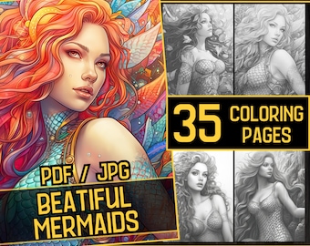 Beatiful Mermaid Girls 35 Coloring Page Book, for Adults and kids, Grayscale Coloring Pages, Printable PDF, underwater girl coloring book