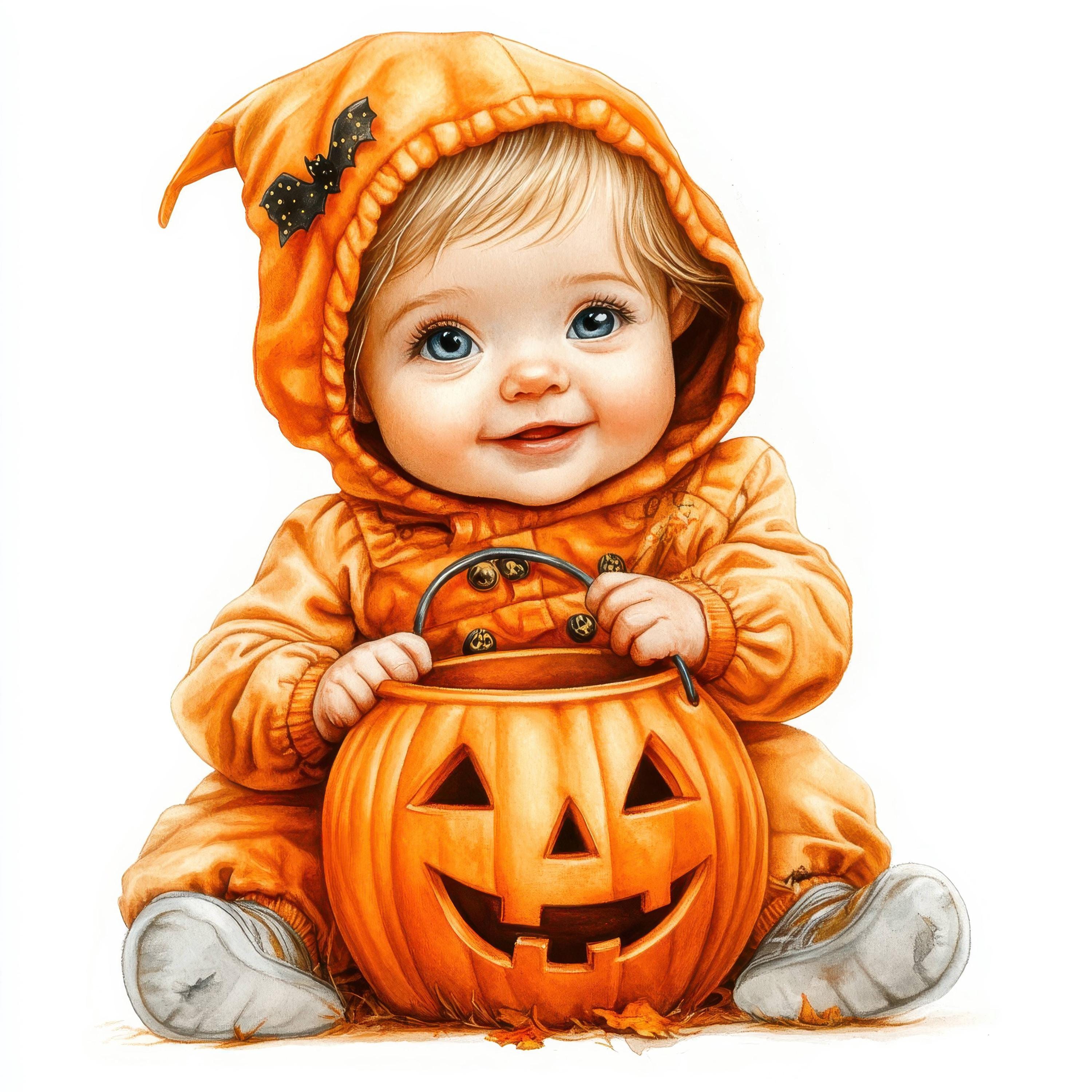 10 Halloween Pumpkin Kids Clipart Bundle, Printable Watercolor Cute ...