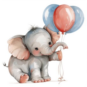 12 Baby Elephant Holding Balloons Clipart Bundle, Birthday ...