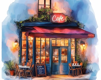 Paquete de 15 imágenes prediseñadas de cafeterías de neón retro, gráficos de cenas vintage, imágenes prediseñadas de acuarela imprimibles, JPG de alta calidad, descarga digital, uso comercial