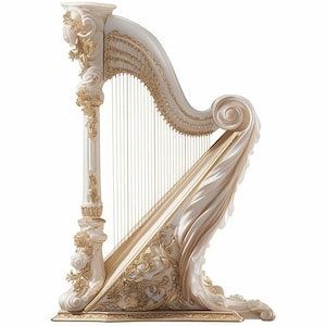 May include: An ornate, ivory-colored harp with gold accents. The harp features intricate floral and scrollwork designs, with a draped fabric element. The strings are a warm gold color, and the instrument has a detailed base. The harp is a classical musical instrument.