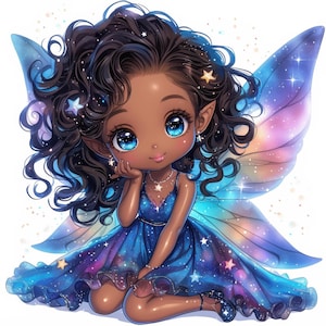 16 Black Fairy Girl Clipart Bundle, Cute Fairy Images Illustrations, Printable Watercolor Clipart, High Quality JPG, Paper craft, Journals