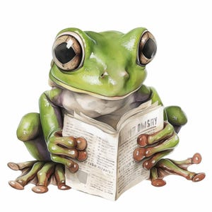 11 stravaganti clipart di rane, illustrazioni di rane che leggono il giornale, clipart di acquerelli stampabili, JPG di alta qualità, lavoretti di carta, diario