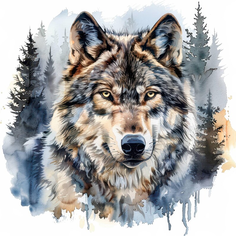 14 Wolf Portrait and Forest Clipart Bundle, Watercolor Wolf Image, Wolf Head Clipart, Scrapbook, Wolf Pack, Wolf In Forest, Forest And Wolf