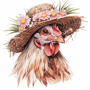 Lot de 11 cliparts poulet au chapeau de paille, illustrations de poulet printanier, clipart aquarelle imprimable, JPG haute qualité, créations en papier, journaux