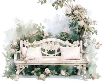 14 Vintage Floral Bench Clipart, Wildflower Floral, Printable Watercolor Clipart, Instant Digital Download, Scrapbooking, Junk Journals