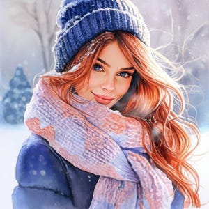 Lot de 13 cliparts portrait de jeune fille hiver, illustration femme hiver, clipart aquarelle imprimable, JPG haute qualité, créations en papier, journal indésirable