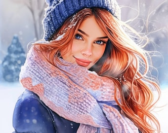 Paquete de 13 imágenes prediseñadas de retratos de niña en invierno, ilustración de mujer en invierno, imágenes prediseñadas de acuarela imprimibles, JPG de alta calidad, manualidades de papel, diario basura