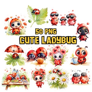 Paquete de imágenes prediseñadas de mariquitas lindas en acuarela, conjunto de imágenes prediseñadas de gráficos PNG de mariquitas adorables, ilustraciones de mariquitas, descarga instantánea, uso comercial